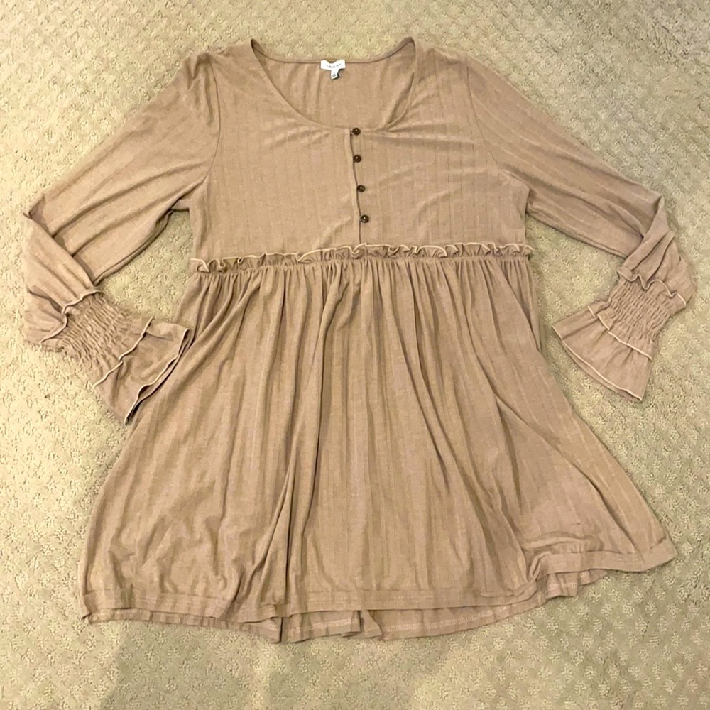 White Birch Taupe Ruffle Sleeve Dress